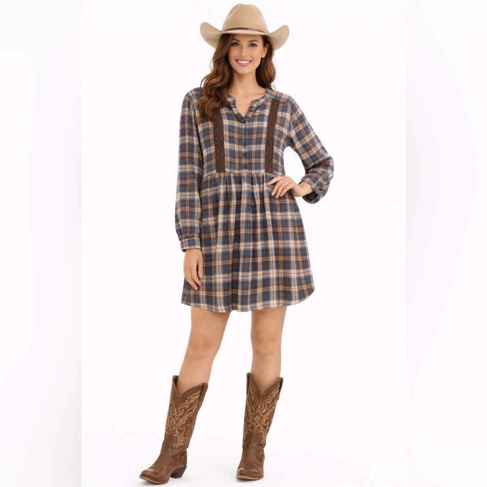 Wrangler Size Medium Women's Blue and Brown Plaid Crochet Button-Up Tunic Dress
